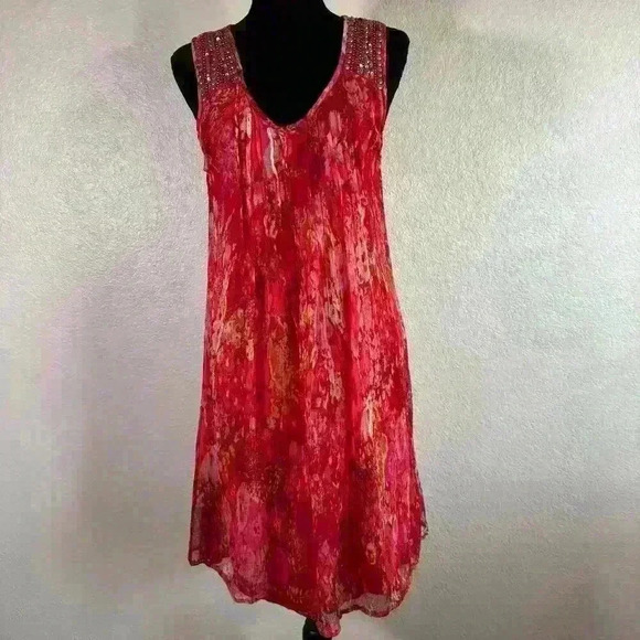 Alberto Makali Dresses & Skirts - Alberto Makali Floral Gauzy Double Lined Silver Sequin Pink Sleeveless Dress XL